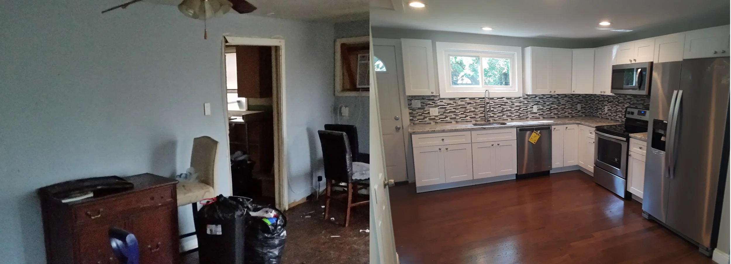 Before-and-after views of kitchen transformation