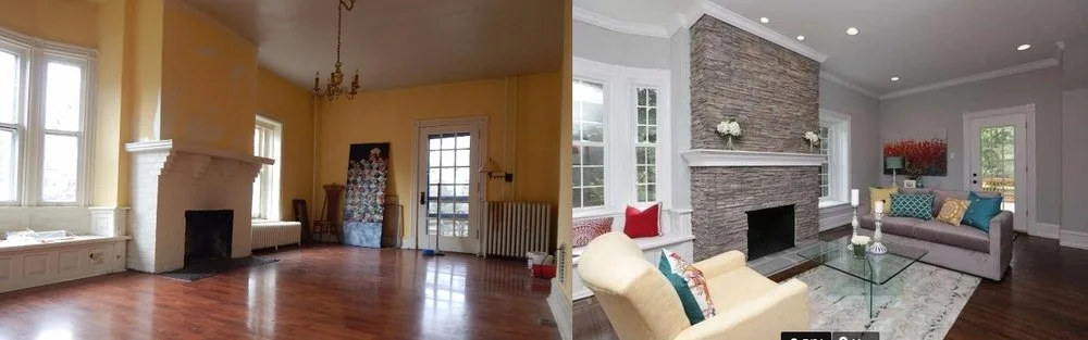 Before-and-after views of victorian farmhouse living room