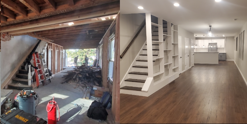 Before-and-after views of first-floor rebuild